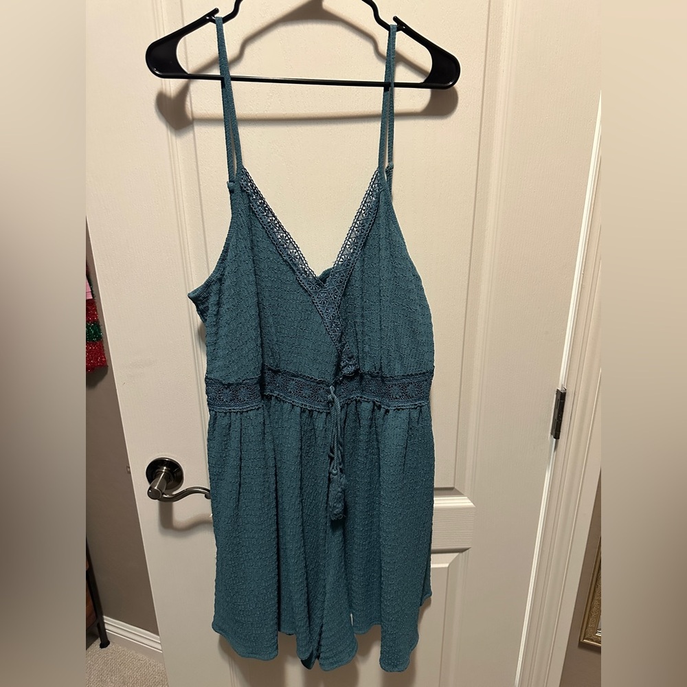 Cider Teal Lace-Trim V-Neck Romper
